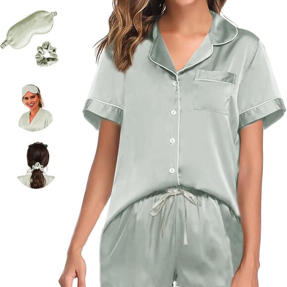 Womens Pajama Sets XS-4XL Silk Satin Pajamas Set Floral 2Pcs Pj Sets Button Down - Picture 1 of 6